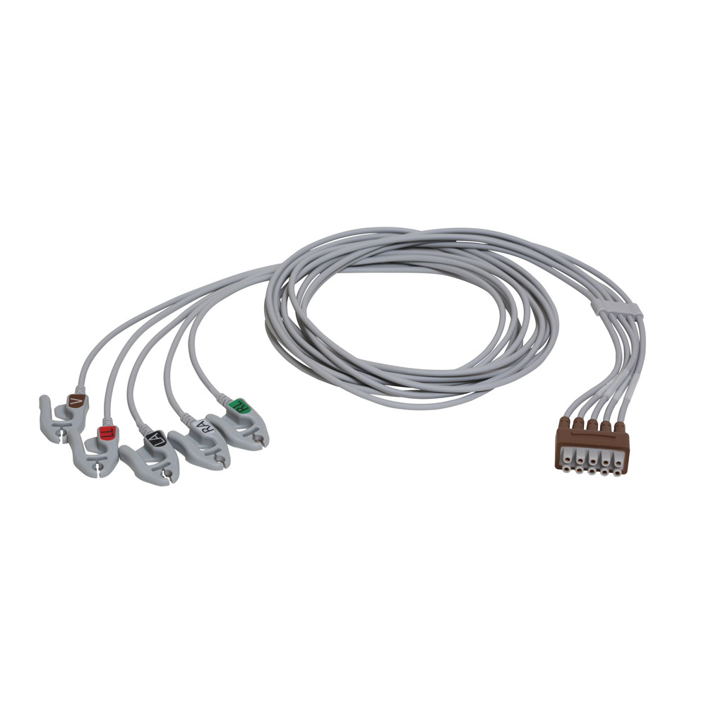 Conjunto de derivações de ECG, 5 vias, agrupados, garra, AHA, 130 cm/51 pol, Único. Conjunto de derivações de ECG, 5 vias, agrupados, garra, AHA, 130 cm/51 pol, Único.
